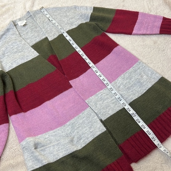Caslon Open Front Pocket Gray w/ Green and Pink Stripe Cardigan Sweater - Size M - Picture 7 of 10